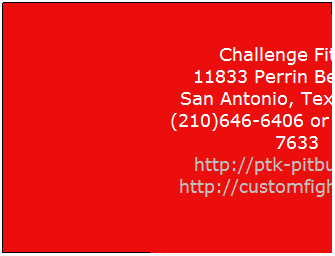 Text Box:  
Challenge Fitness
11833 Perrin Beitel Rd. 
San Antonio, Texas 78217 
(210)646-6406 or (210)364-7633 
http://ptk-pitbulls.com 
http://customfighting.com

 
